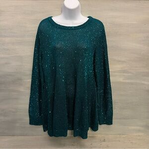 Emaline Emerald Green Sheer Sequined Crew Neck Sweater Size Large Good Condition